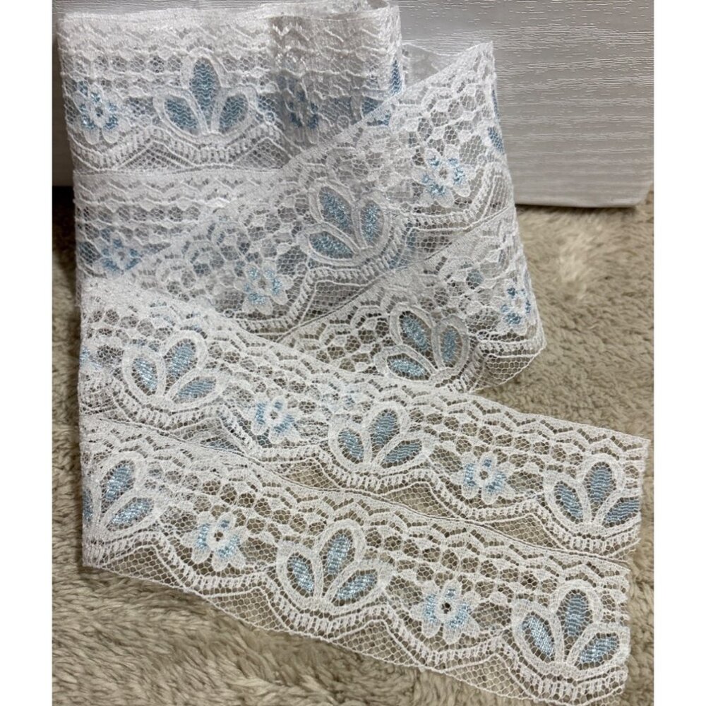 White & Blue Floral Lace Trim Ribbon 1Yard Length 3" Width